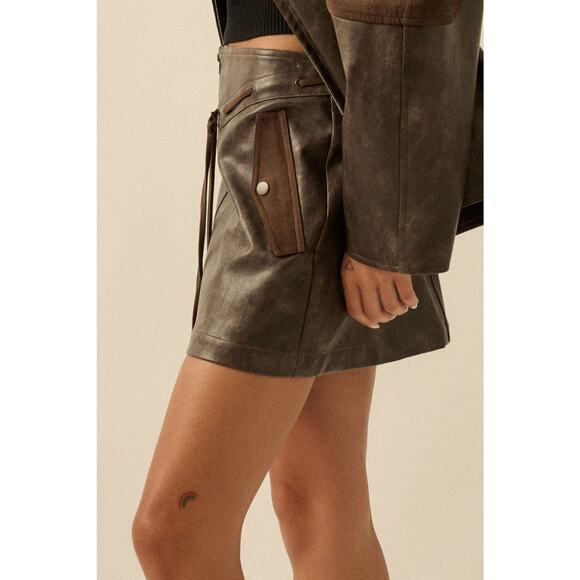 Promesa Size Medium Espresso Faux Leather and Suede Zip-Up Mini Skirt - Picture 9 of 9